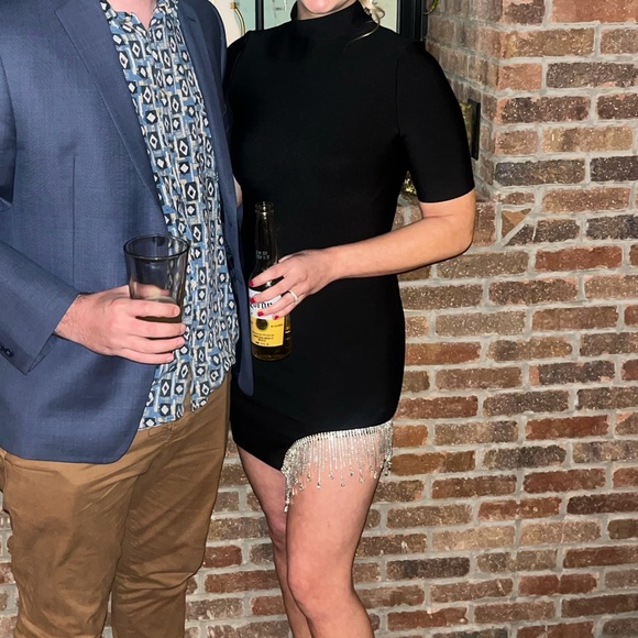 Black Mock-Neck Bandage Bodycon Mini Dress with Rhinestone detail on right side - Picture 2 of 11